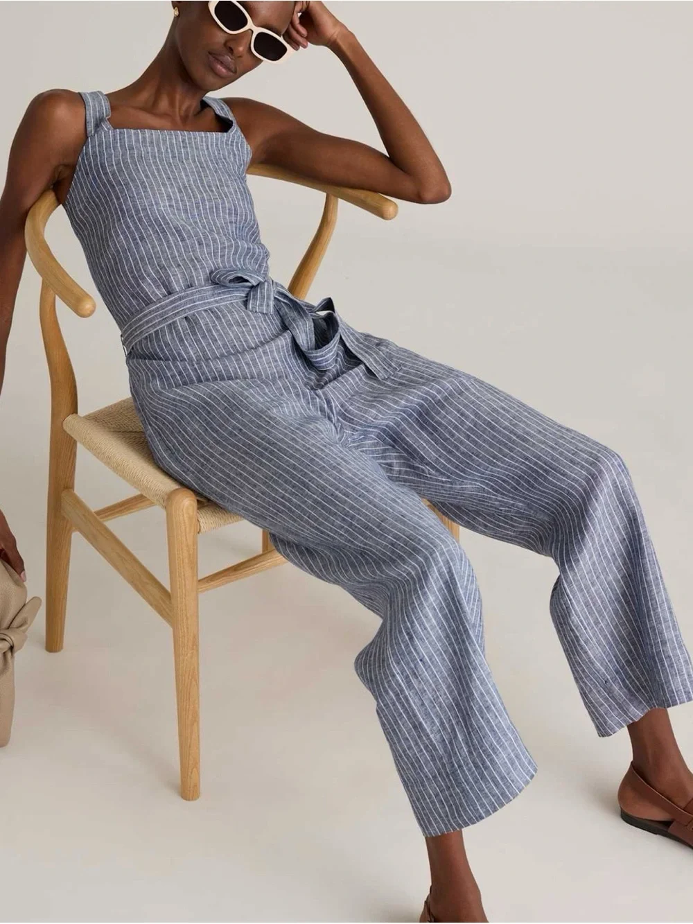 Quince European Linen Chambray Blue Stripe Sleeveless Belted Crop Jumpsuit Small